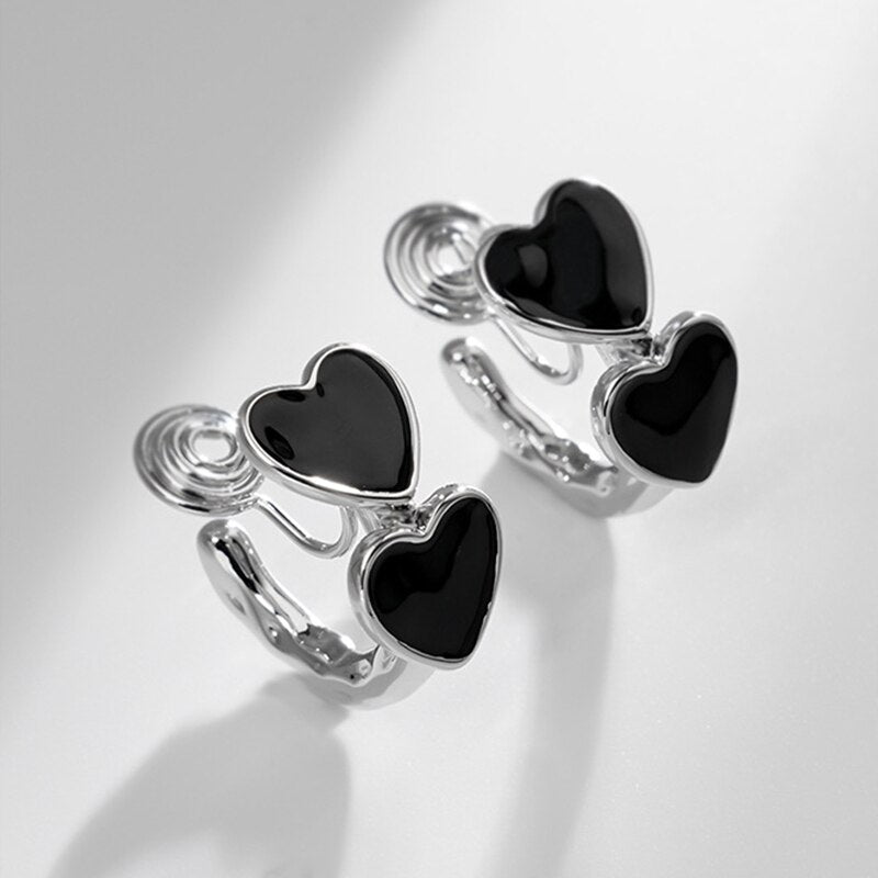 RETRO BLACK HEART SHAPED BRASS COIL CLIP ON EARRINGS
