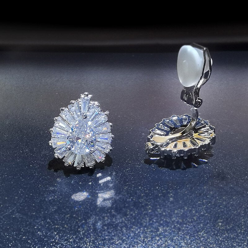 TEARDROP SILVER SPARKLY CUBIC ZIRCONIA CLIP ON EARRINGS