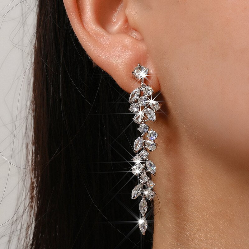 ZIRCONIA CRYSTAL LEAF DROP DANGLE CLIP ON EARRINGS