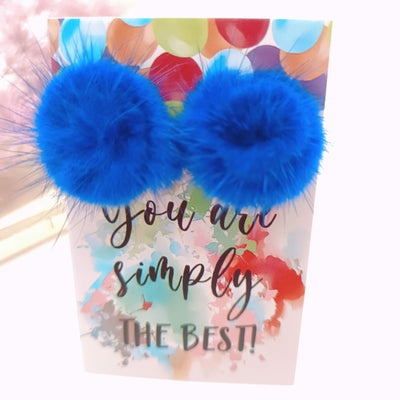 BLUE FLUFFY POM POM CLIP ON EARRINGS