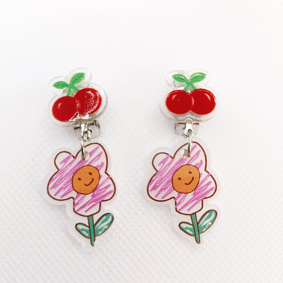 CHERRY & SMILEY FLOWER CLIP ON EARRINGS