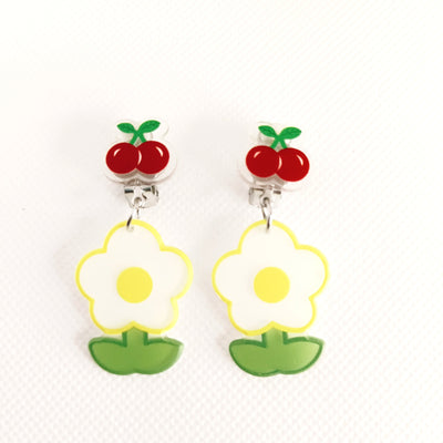 CHERRY & FLOWER CLIP ON EARRINGS