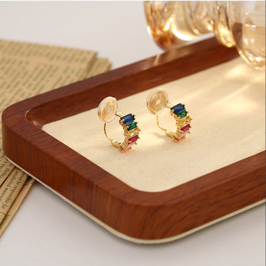 COLOURFUL ZIRCON C-SHAPE BRASS COIL CLIP ON EARRINGS
