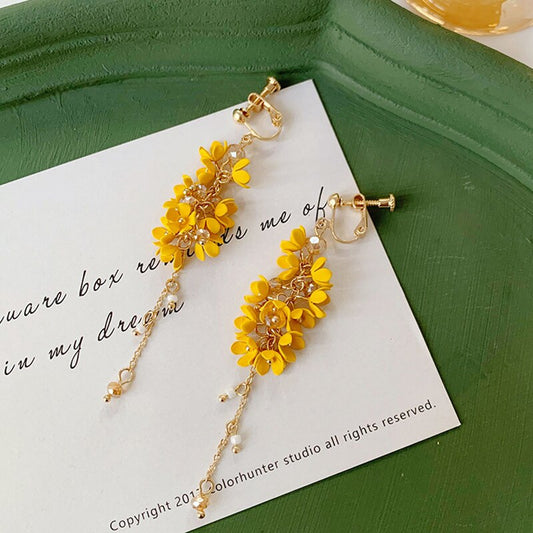 YELLOW FLOWER TASSEL CLIP ON EARRINGS