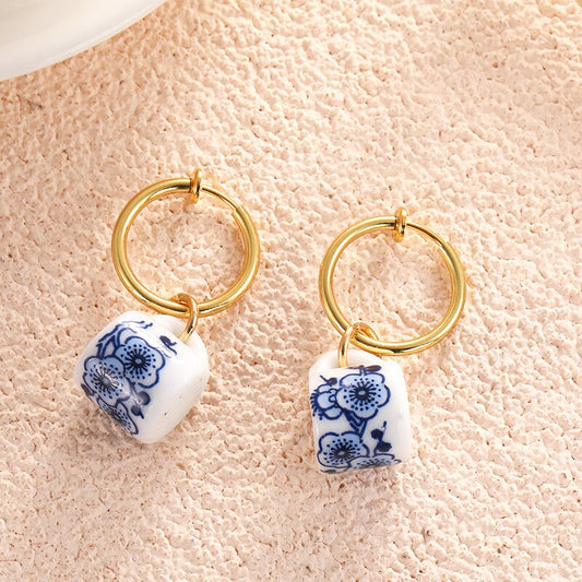 PAINTED CERAMIC PENDANT CHARM CLIP ON EARRINGS