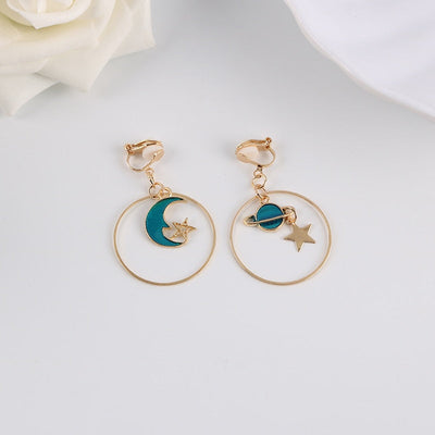 Star Moon & Planet Circle Clip on Earrings